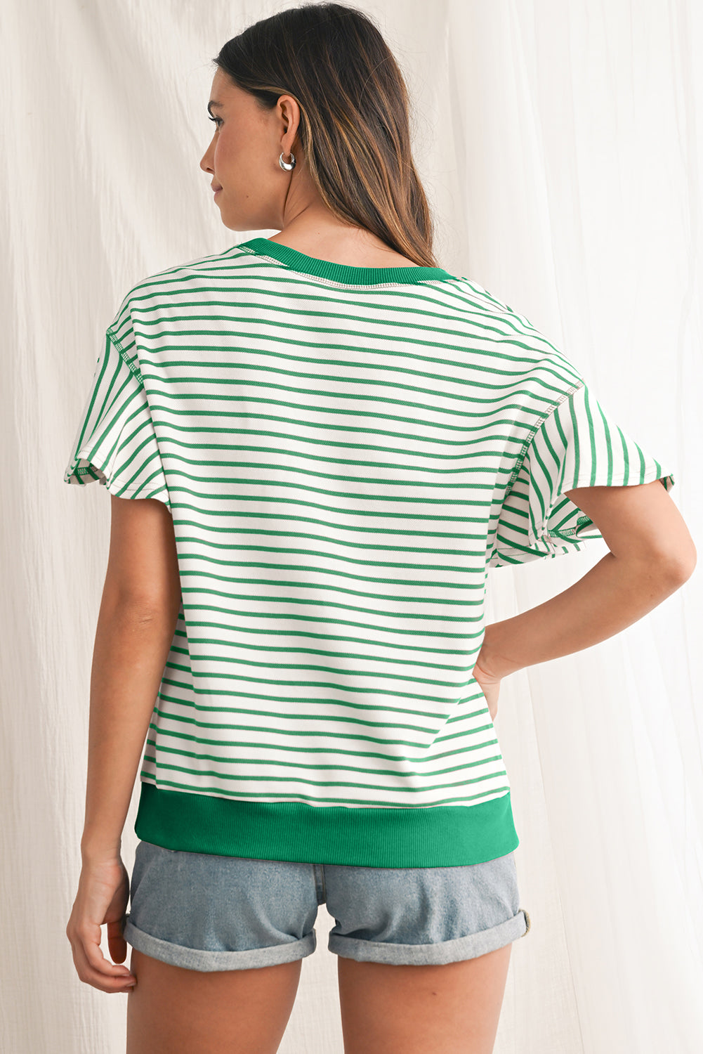 Sachet Pink Striped Ruffle Sleeve Round Neck Top – Shewin | ClozArt