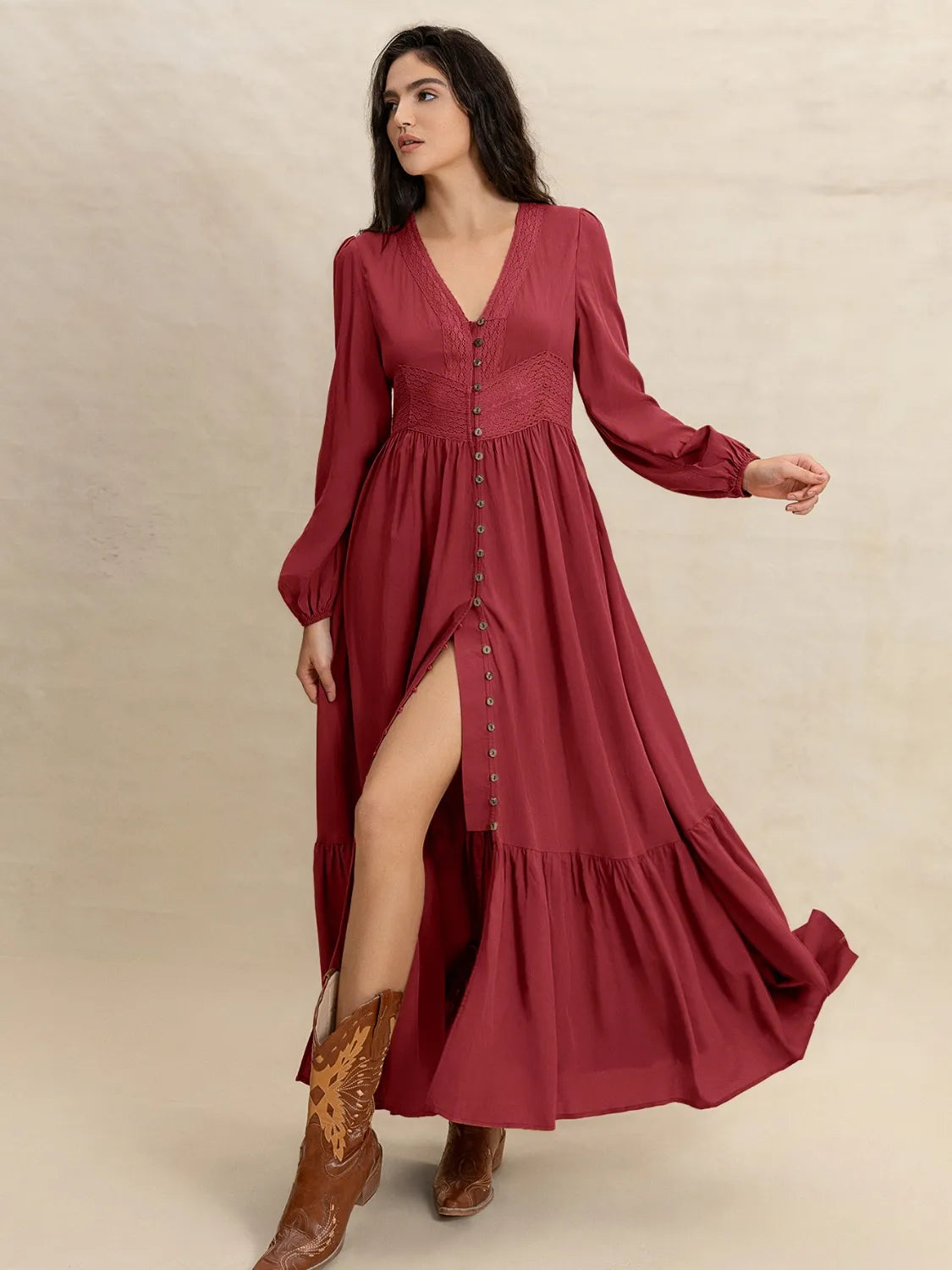V-Neck Balloon Sleeve Ruffled Hem Maxi Dress – Trendsi | ClozArt