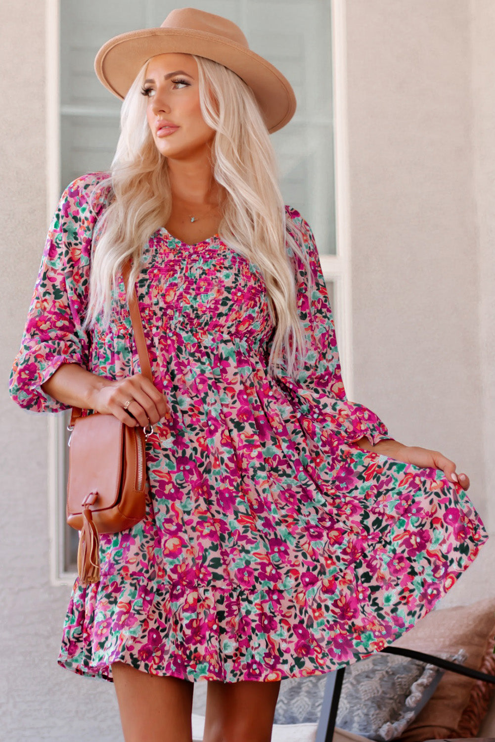 Floral Smocked V-Neck Flounce Sleeve Dress – Trendsi | ClozArt