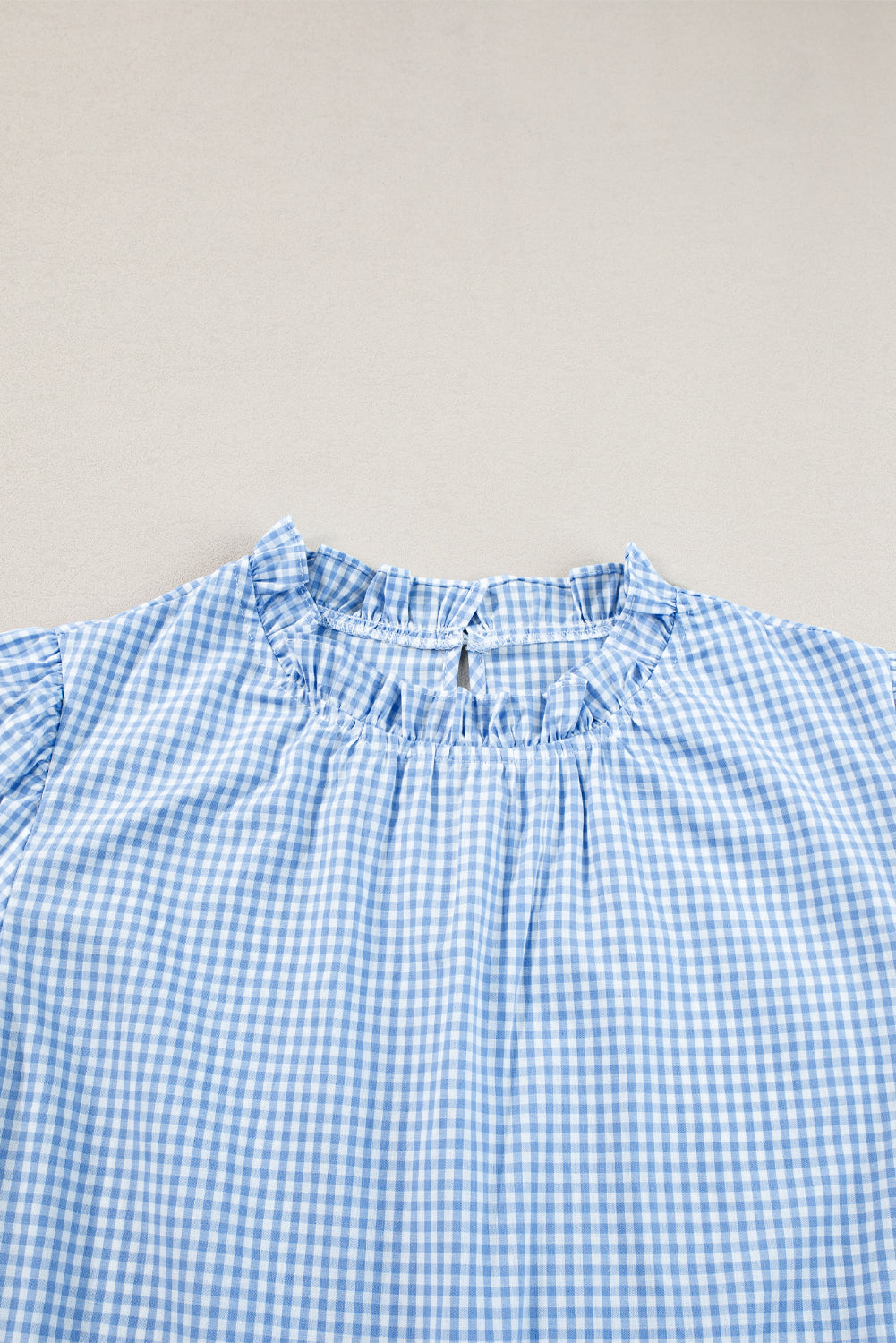 Light Blue Flower Embroidered Puff Sleeve Gingham Blouse – Shewin | ClozArt