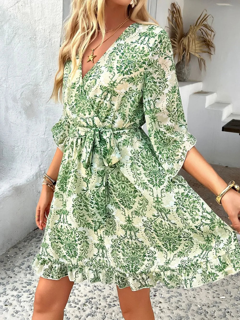 Devine Printed Surplice Ruffled 3/4 Sleeve Mini Dress – Trendsi | ClozArt