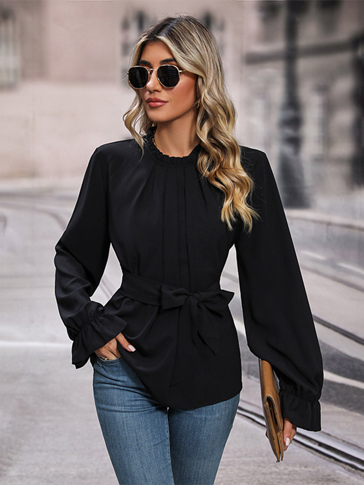 Perfee Round Neck Tie Waist Long Sleeve Blouse – Trendsi | ClozArt