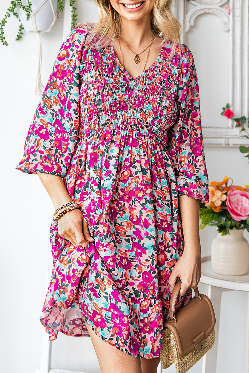 Floral Smocked V-Neck Flounce Sleeve Dress – Trendsi | ClozArt