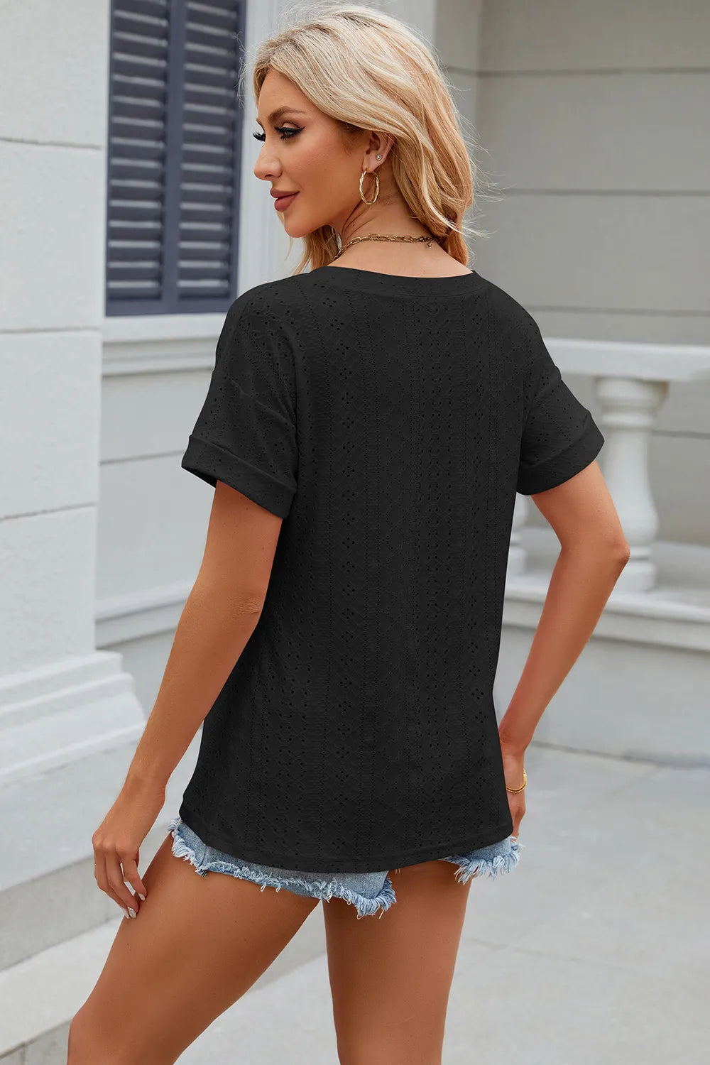 Eyelet V-Neck Short Sleeve T-Shirt – Trendsi | ClozArt
