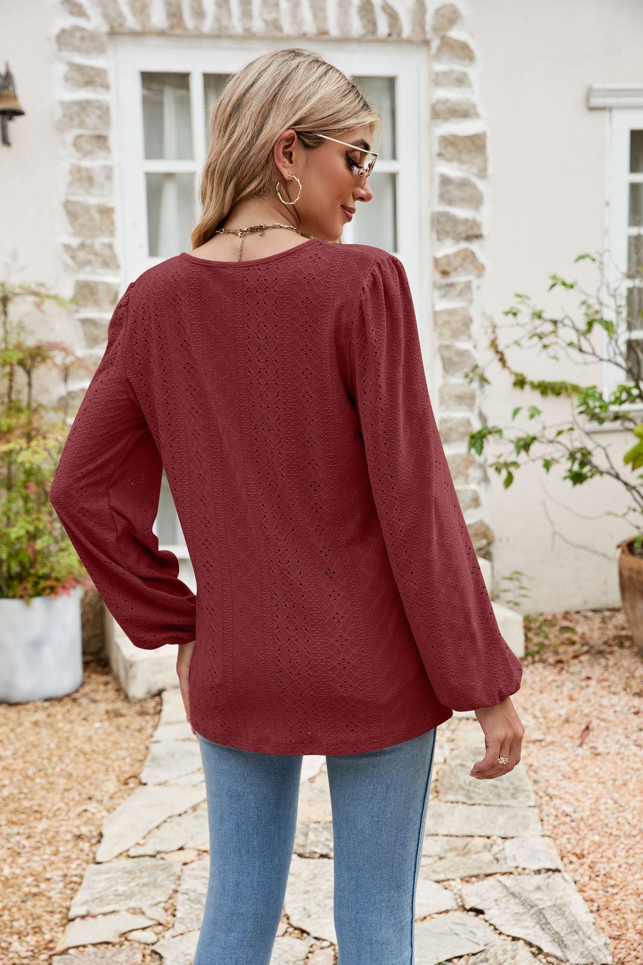 Eyelet Notched Neck Balloon Sleeve Blouse – Trendsi | ClozArt