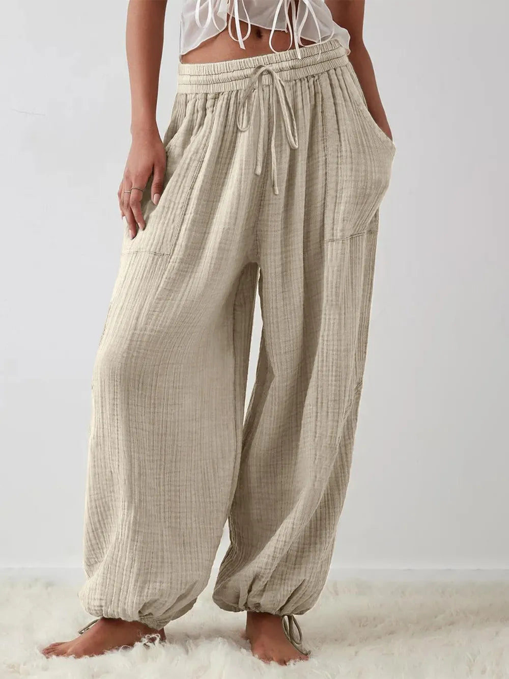 Textured Tied Pants with Pockets – Trendsi | ClozArt