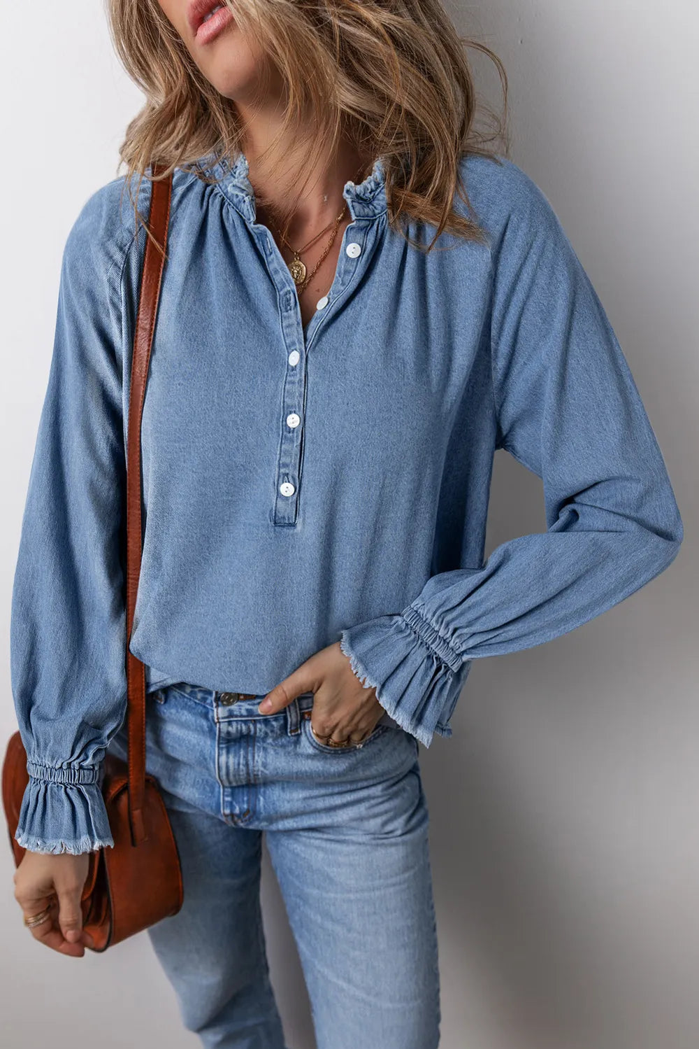 Half Button Long Sleeve Denim Top – Trendsi | ClozArt