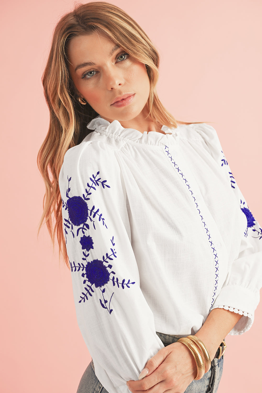 White Floral Embroidered Button Up Boho Blouse – Shewin | ClozArt
