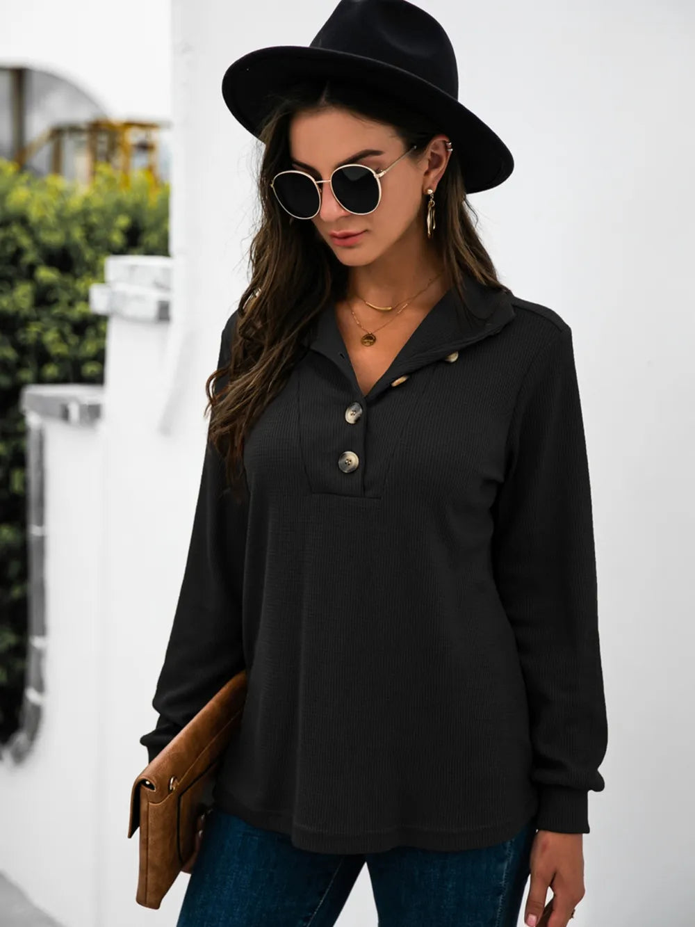 Half Button Long Sleeve T-Shirt – Trendsi | ClozArt