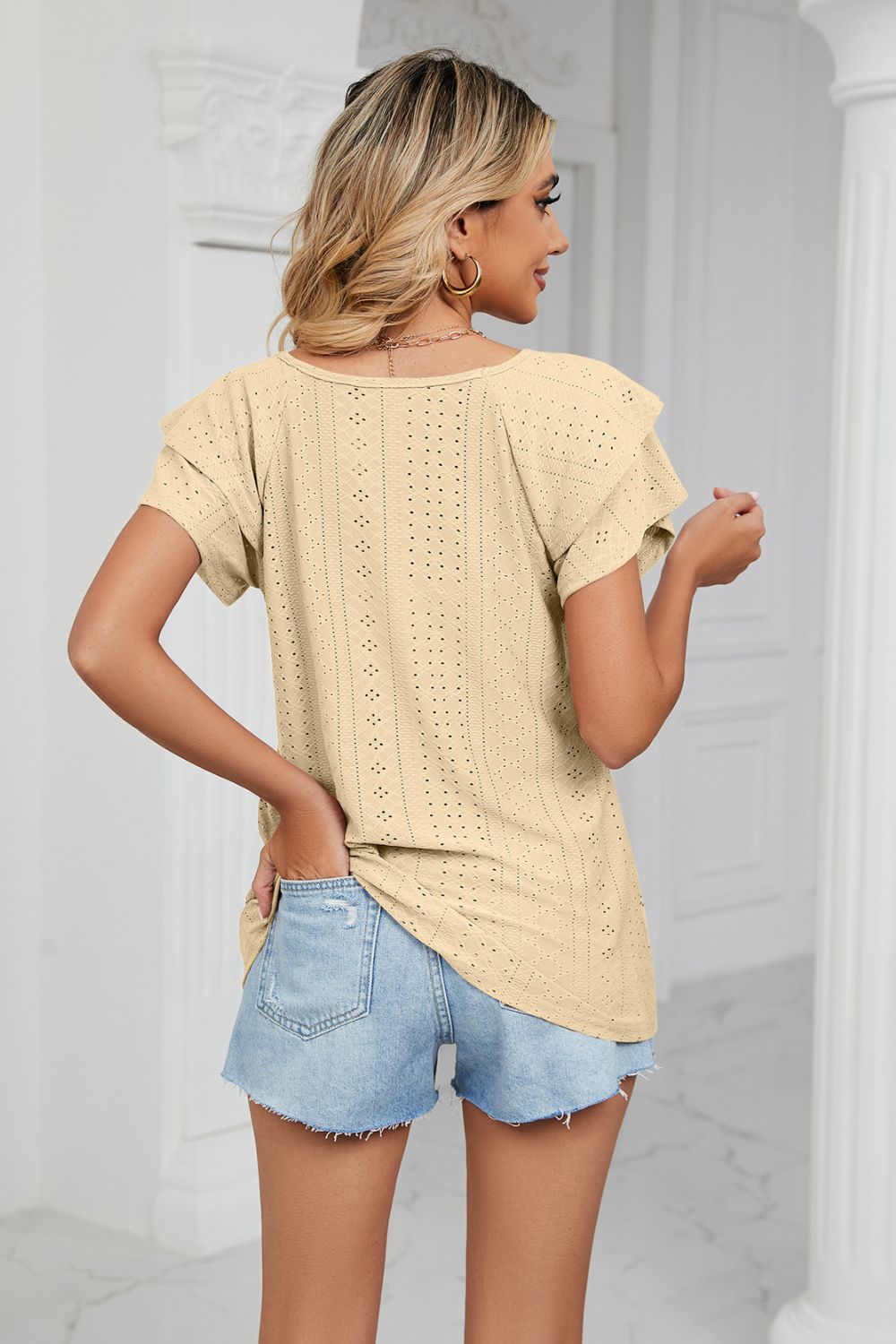Eyelet Layered Flutter Sleeve V-Neck Knit Top – Trendsi | ClozArt