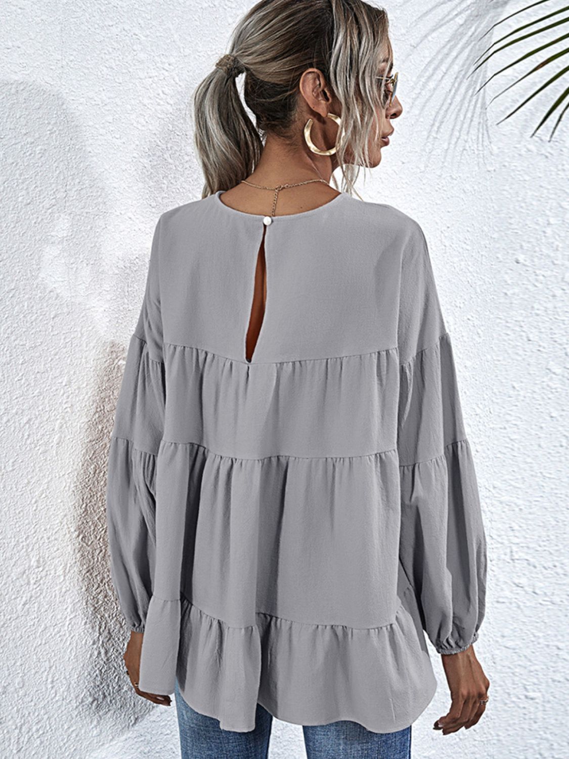 Shiny Round Neck Dropped Shoulder Tiered Blouse – Trendsi | ClozArt