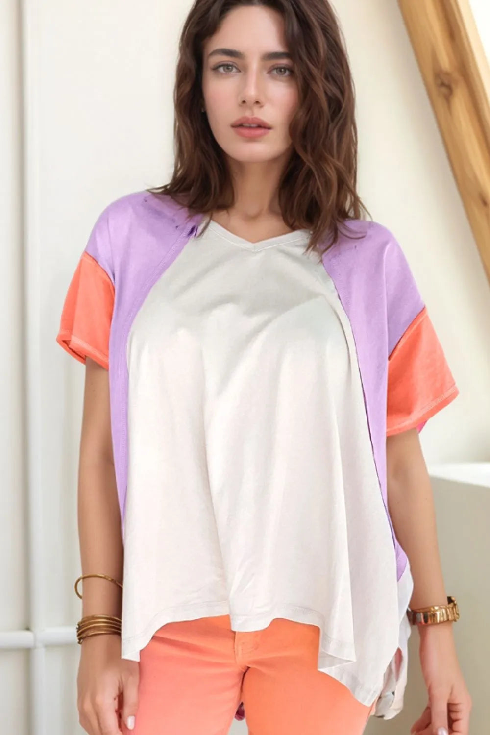 Color Block Patchwork V Neck Exposed Seam High Low T Shirt – Trendsi | ClozArt