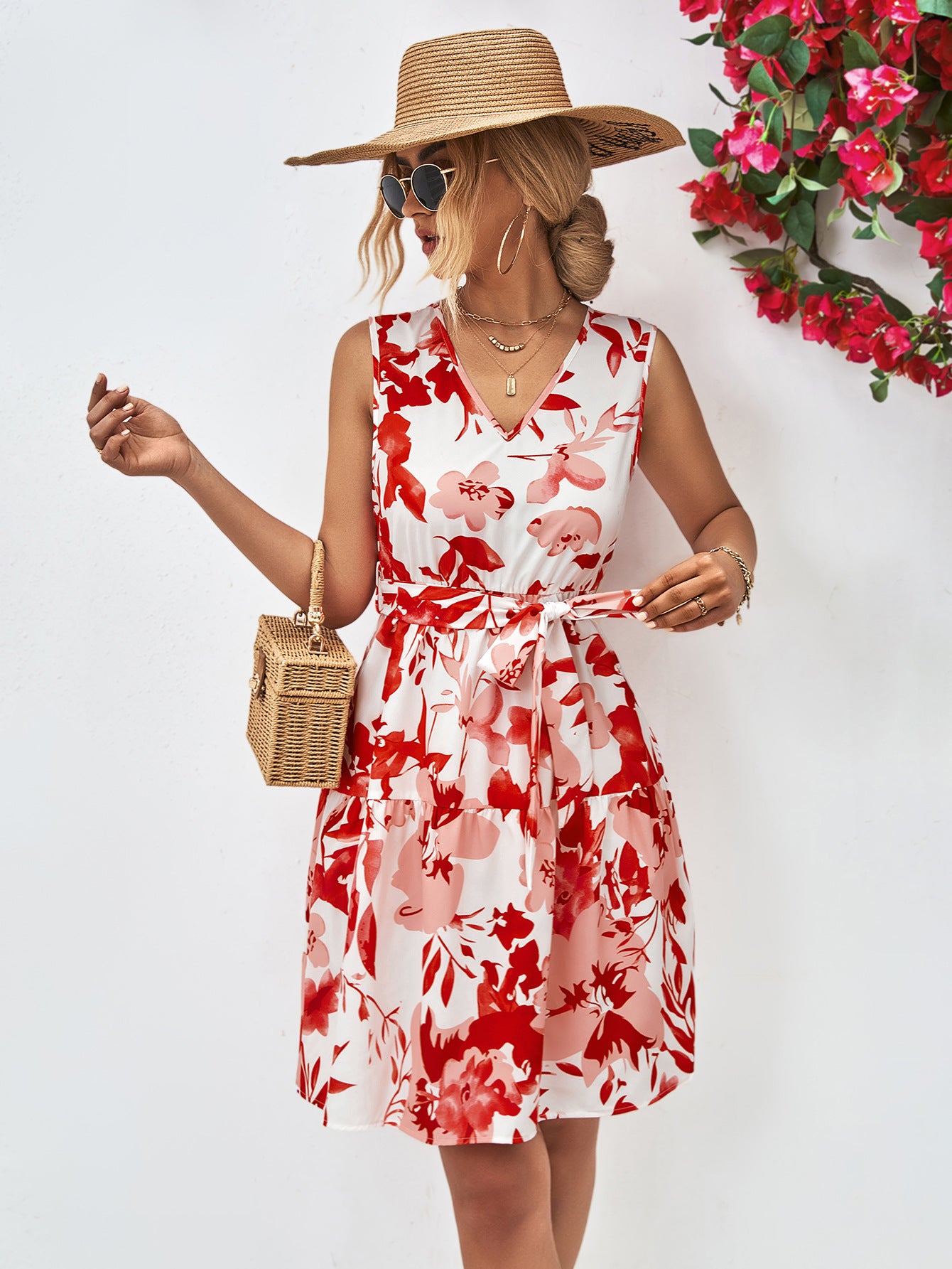 Floral V-Neck Tie Waist Sleeveless Dress – Trendsi | ClozArt