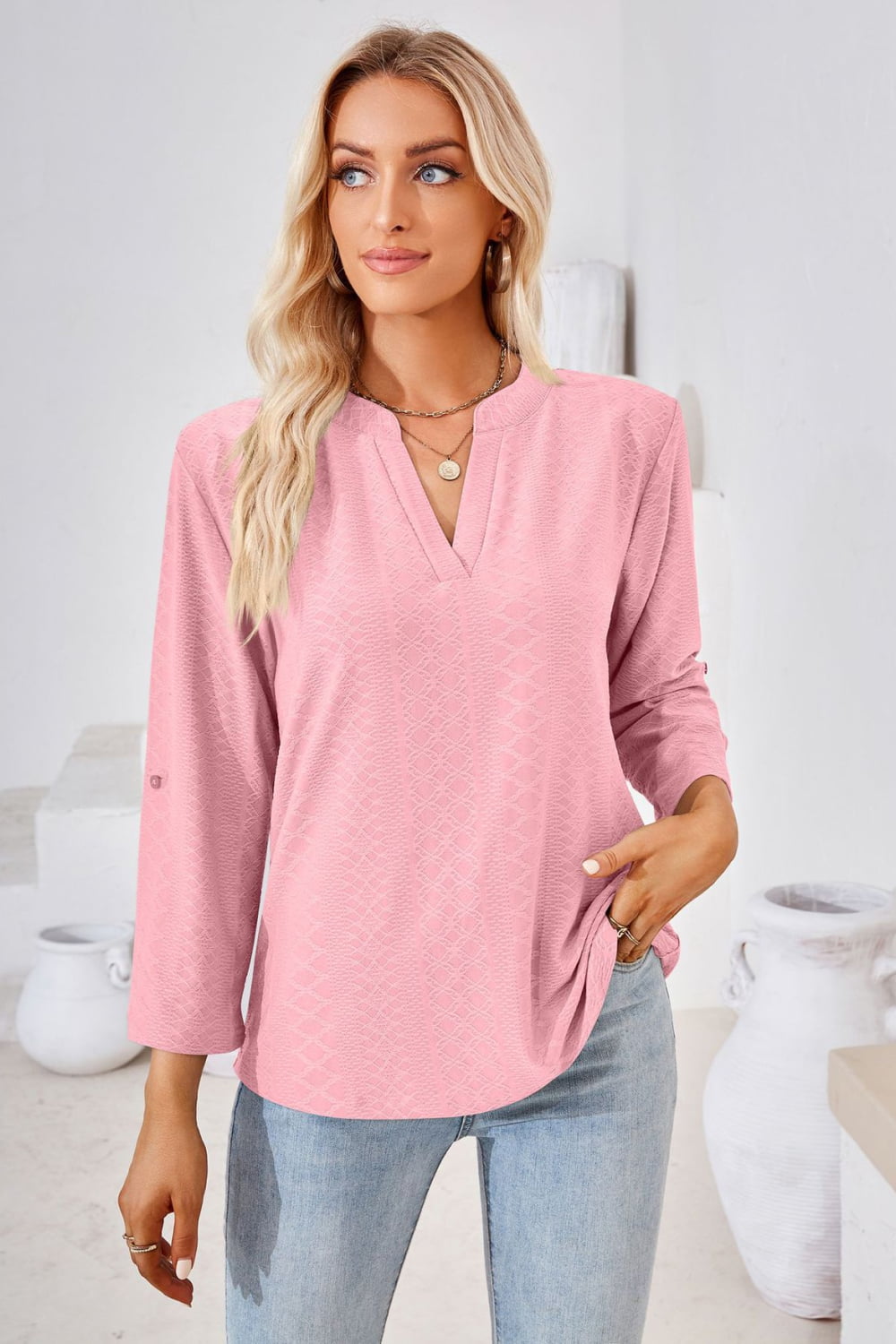 V-Neck Roll-Tap Sleeve Blouse – Trendsi | ClozArt