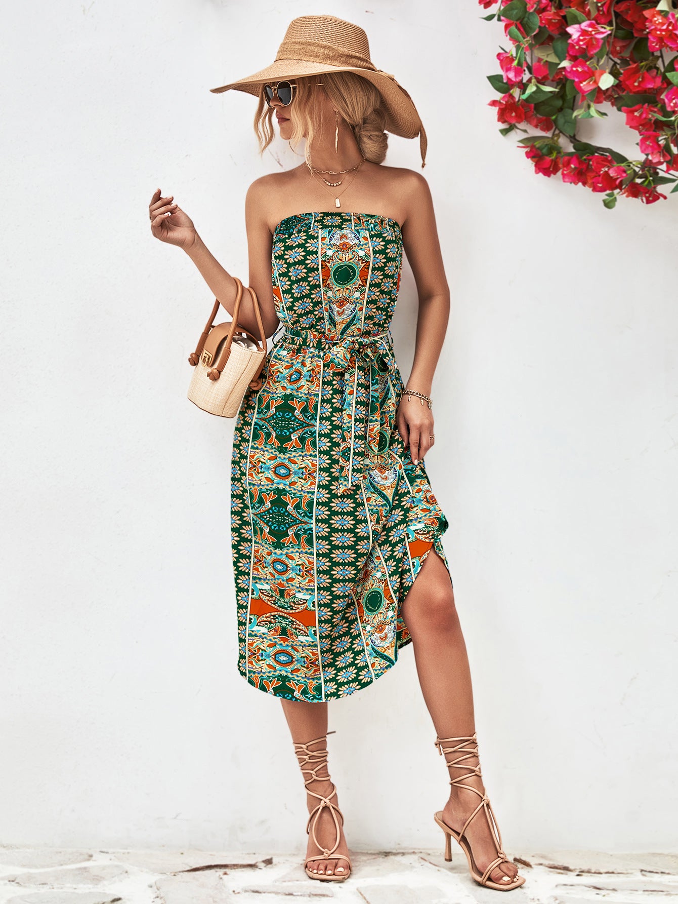 Printed Strapless Tie Belt Dress – Trendsi | ClozArt