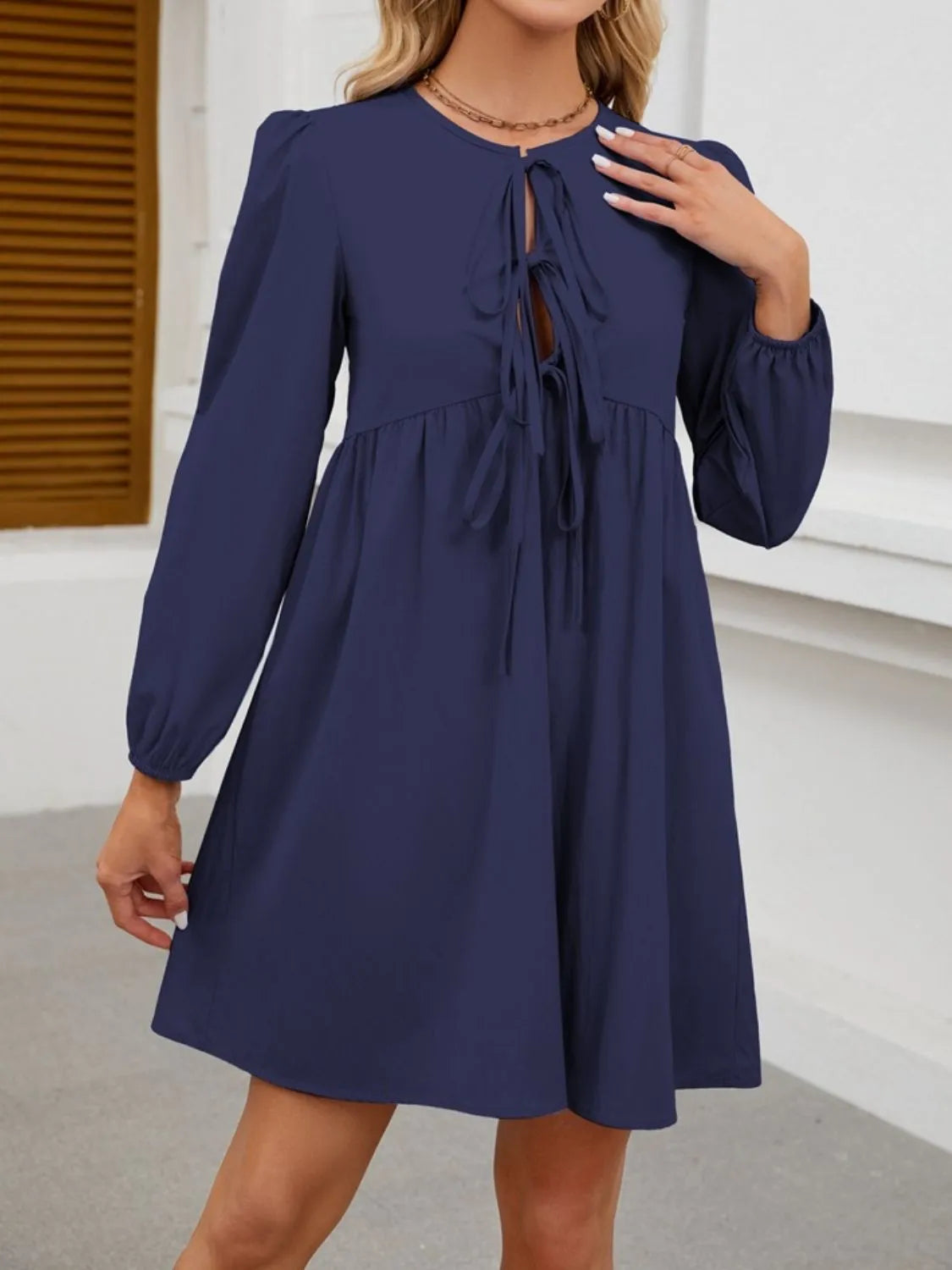 Tie Front Long Sleeve Mini Dress – Trendsi | ClozArt