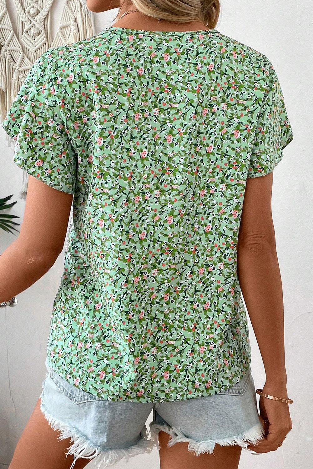 Green Boho Floral V Neck Short Sleeve Blouse – Shewin | ClozArt