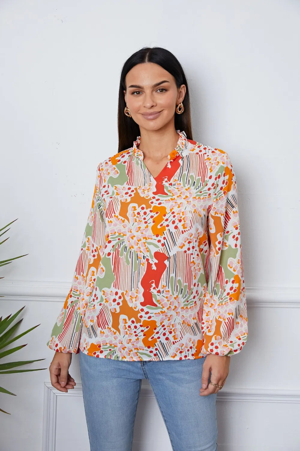 Floral Frill Notched Long Sleeve Blouse – Trendsi | ClozArt