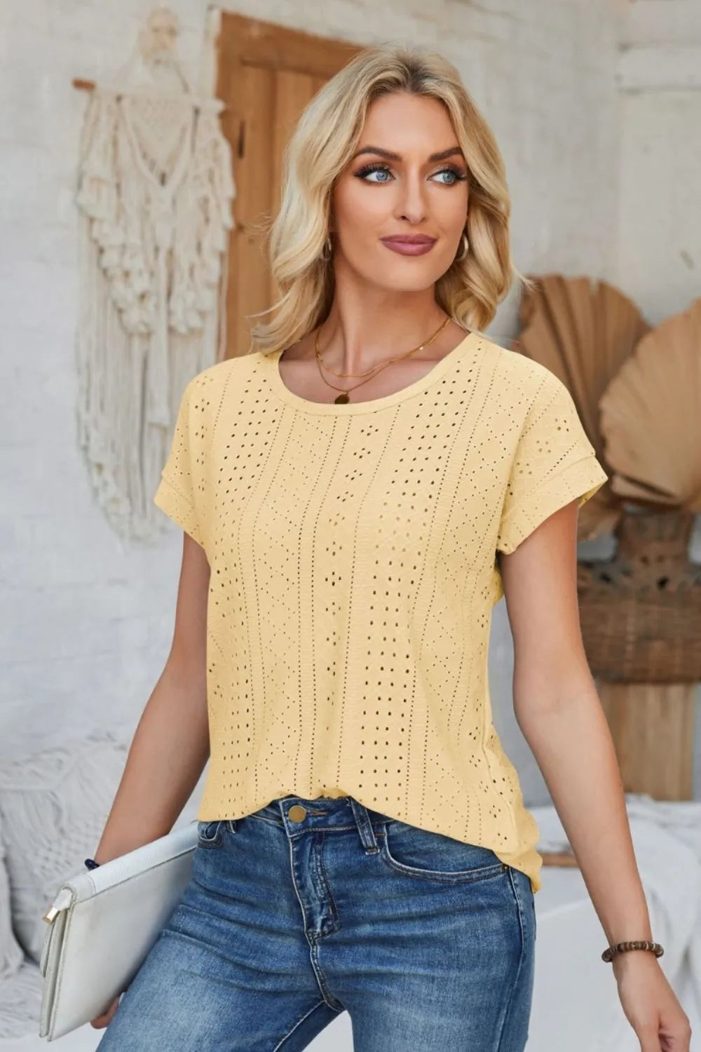 Eyelet Round Neck Rolled Short Sleeve T-Shirt – Trendsi | ClozArt
