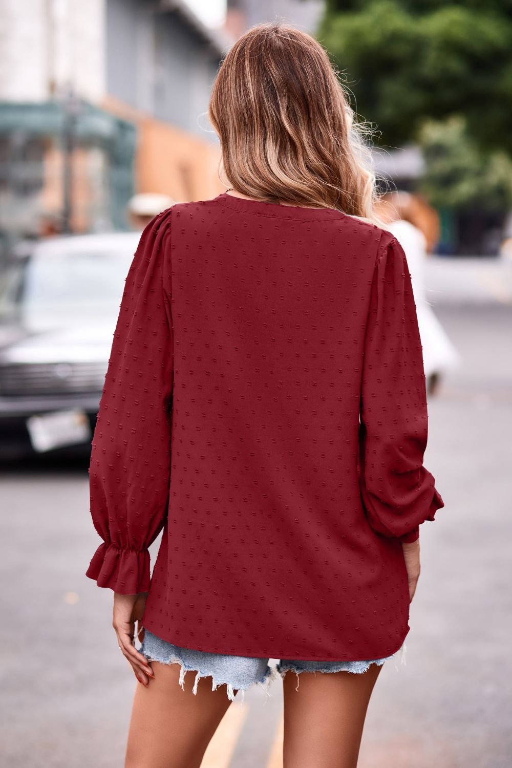 Swiss Dot Notched Neck Flounce Sleeve Blouse – Trendsi | ClozArt
