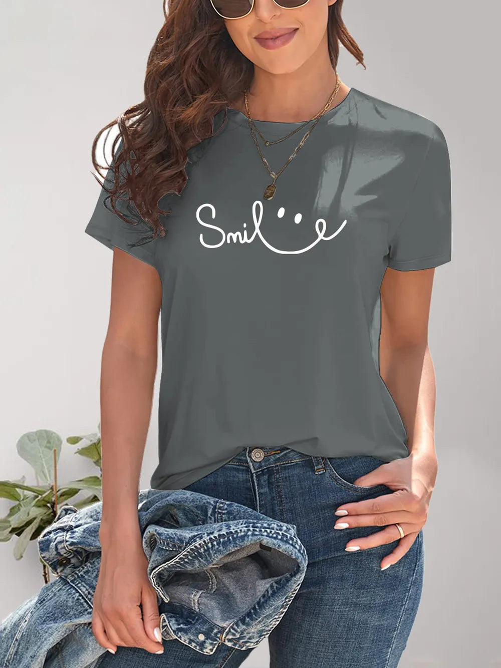 SMILE Round Neck Short Sleeve T-Shirt – Trendsi | ClozArt