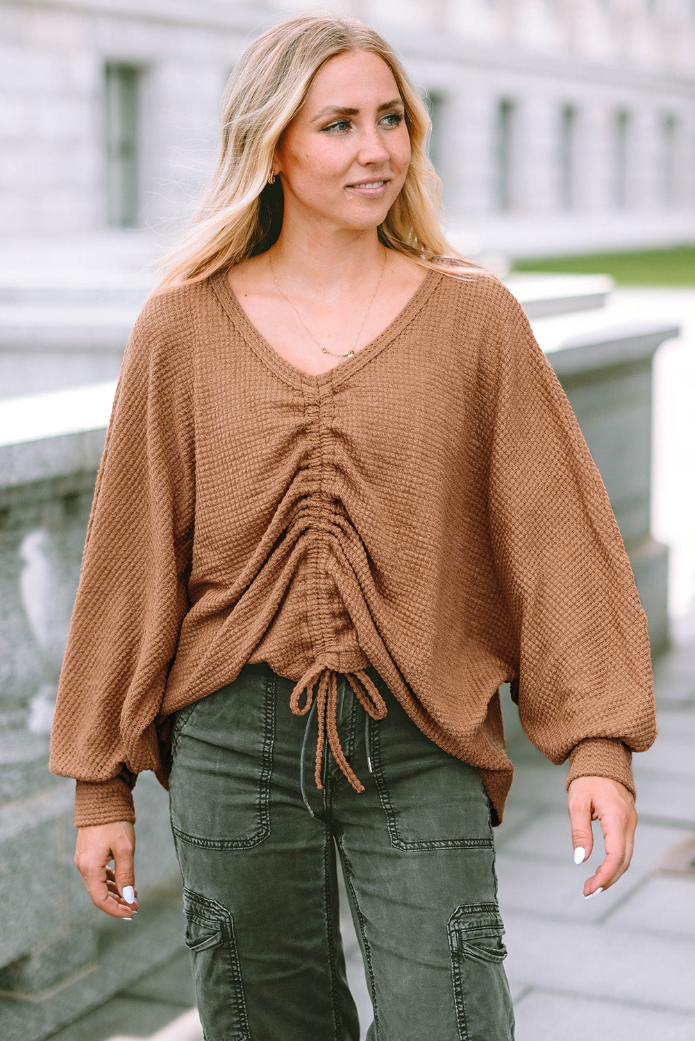 Drawstring Ruched V-Neck Blouse – Trendsi | ClozArt