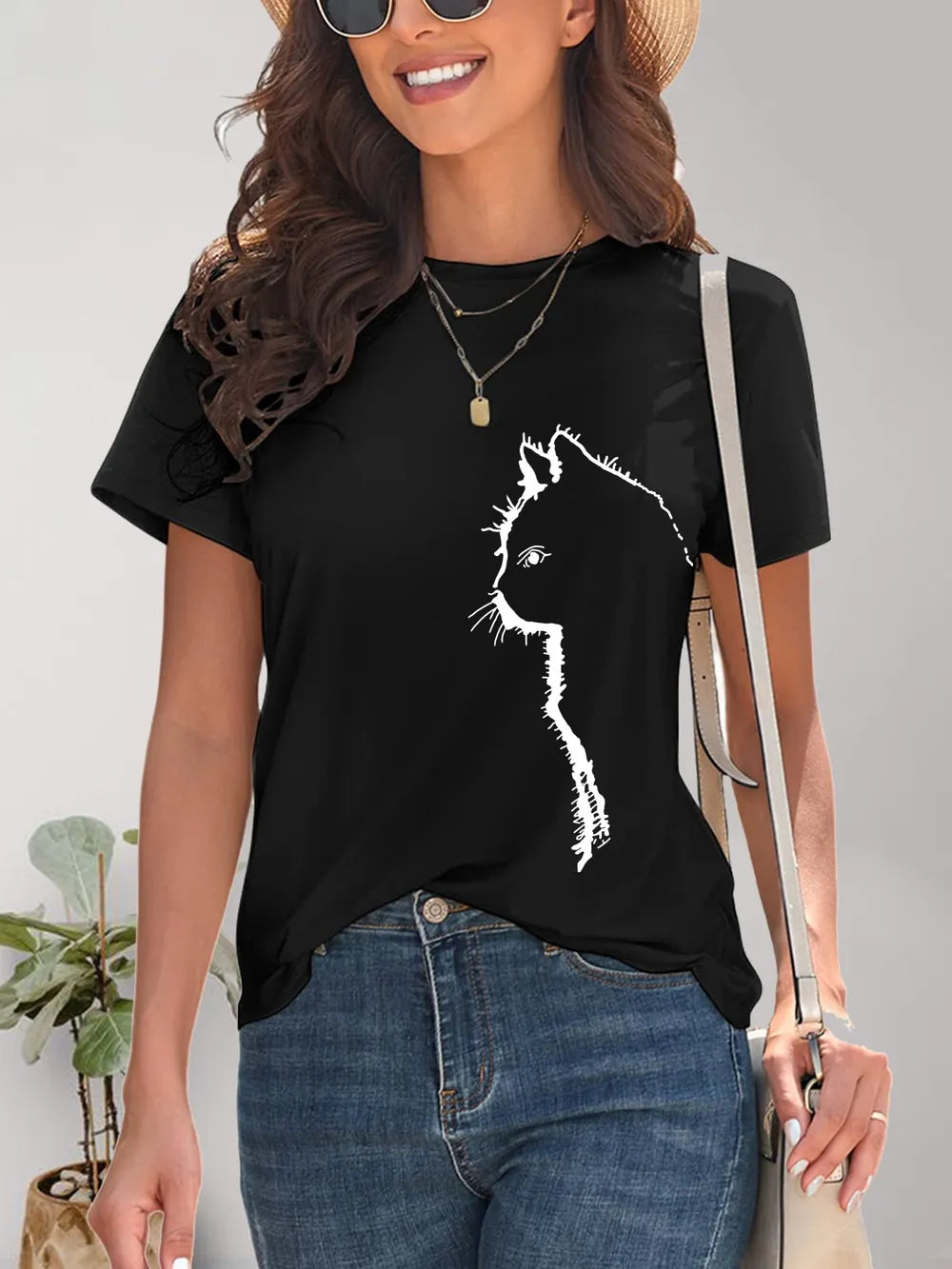 Cat Round Neck Short Sleeve T-Shirt – Trendsi | ClozArt