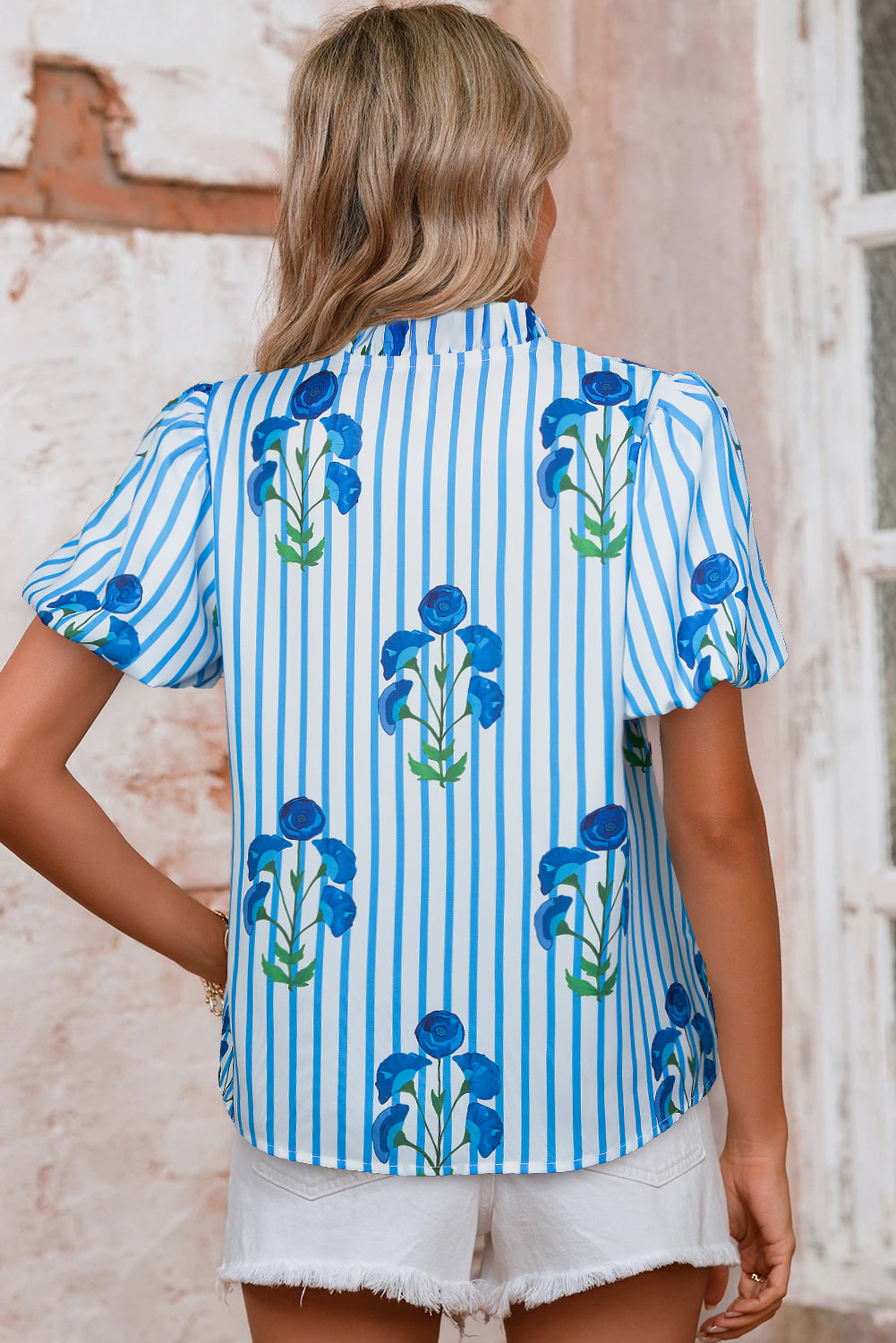 Sky Blue Stripe Boho Floral Print Frill V Neck Puff Sleeve Blouse – Shewin | ClozArt