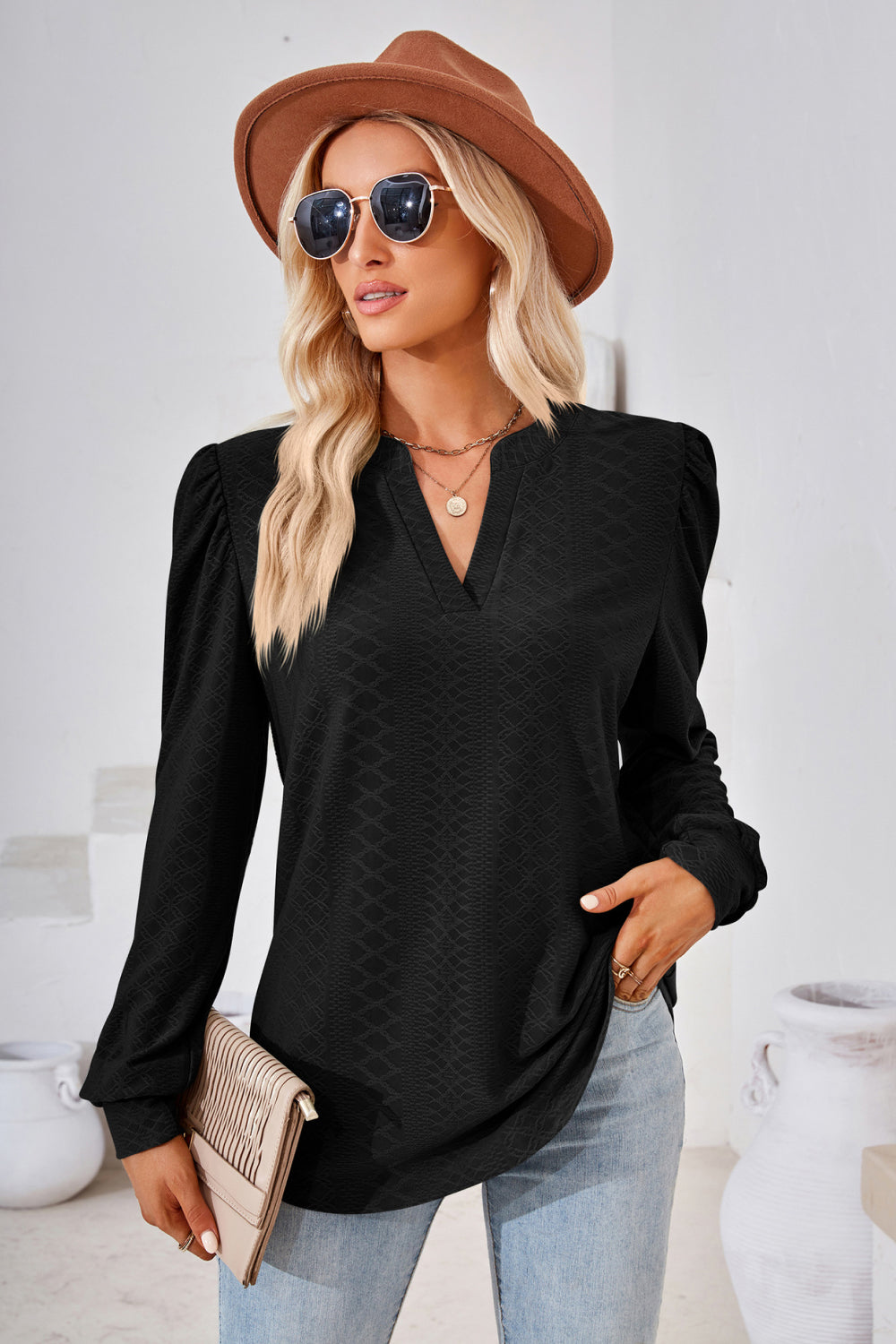 V-Neck Puff Sleeve Blouse – Trendsi | ClozArt