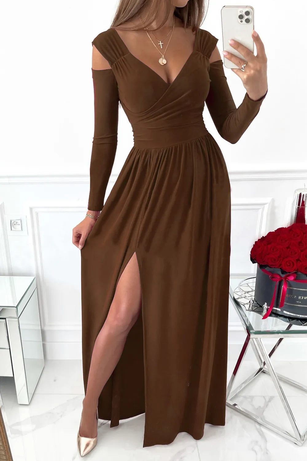 Slit Surplice Long Sleeve Maxi Dress – Trendsi | ClozArt