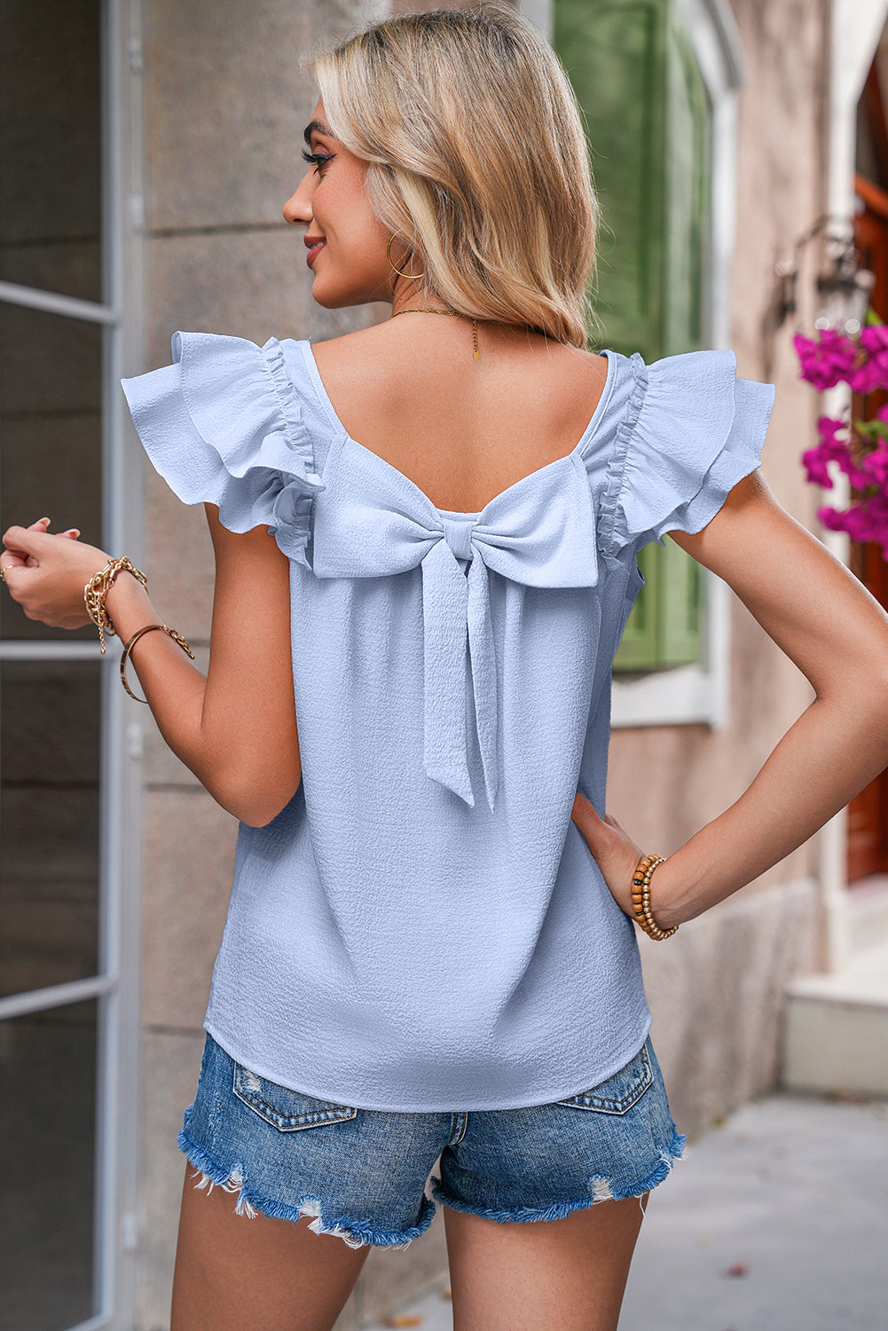 Beige Textured Bow Frilled Ruffle Sleeve Blouse – Shewin | ClozArt