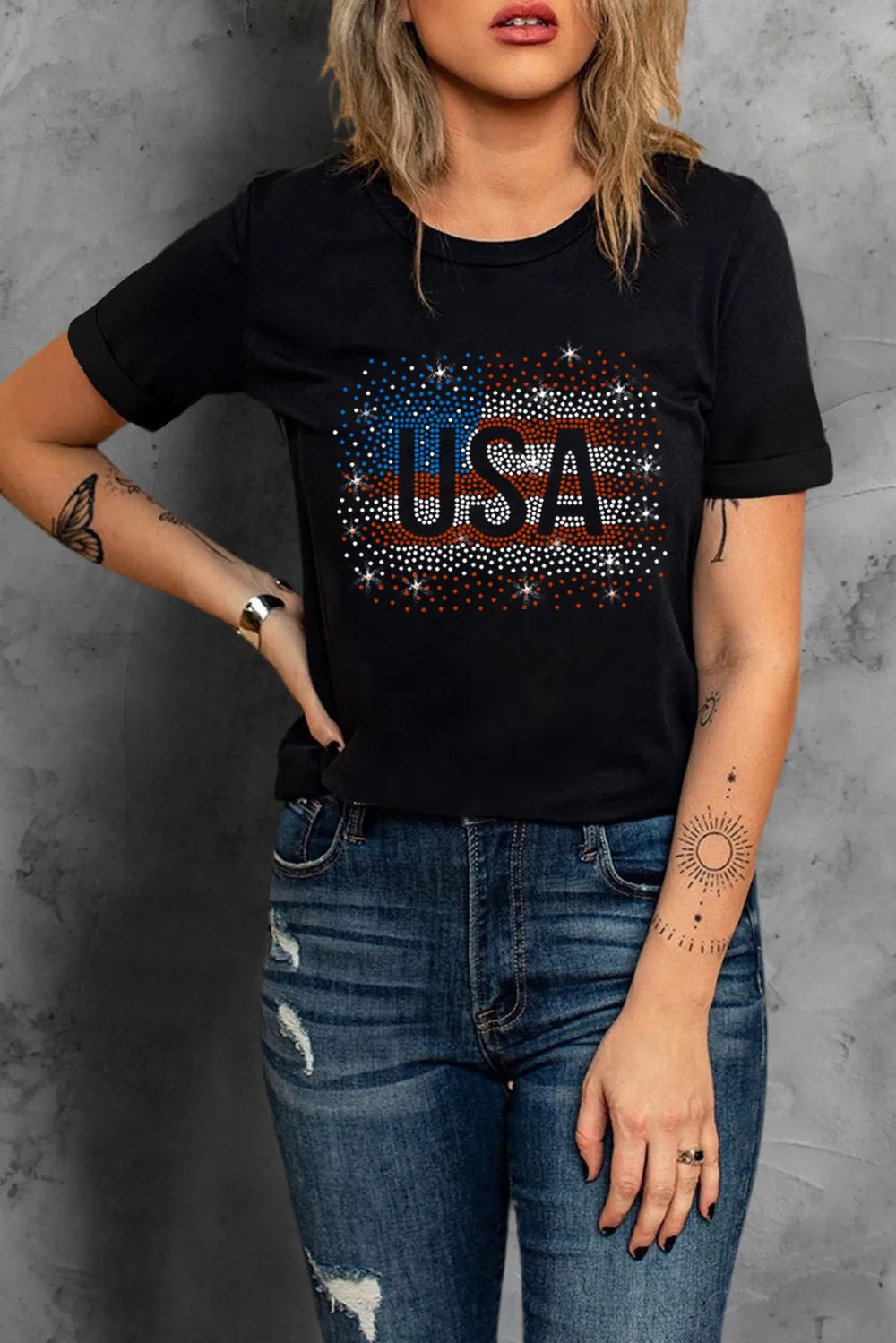 USA Rhinestone Round Neck Short Sleeve T-Shirt – Trendsi | ClozArt
