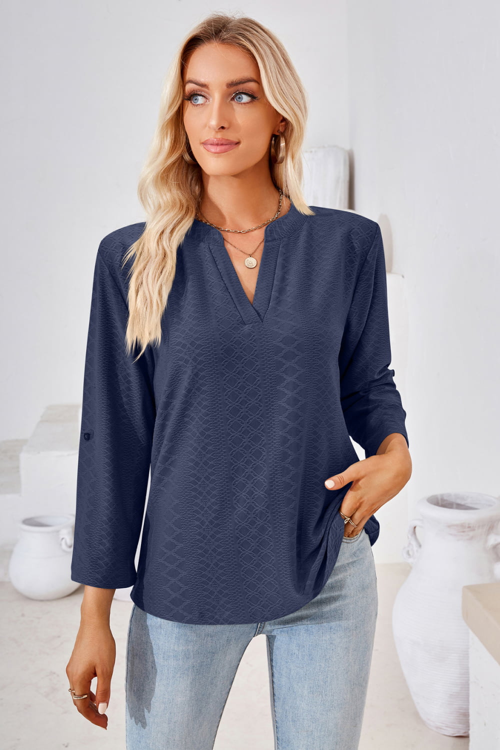 V-Neck Roll-Tap Sleeve Blouse – Trendsi | ClozArt