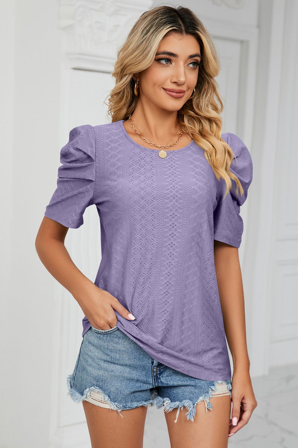 Eyelet Puff Sleeve Round Neck Blouse – Trendsi | ClozArt