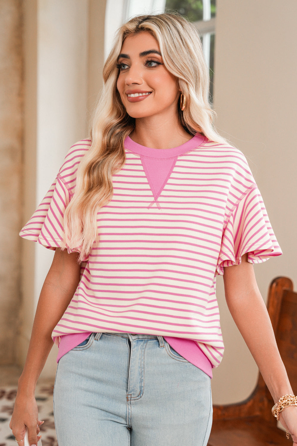 Sachet Pink Striped Ruffle Sleeve Round Neck Top – Shewin | ClozArt