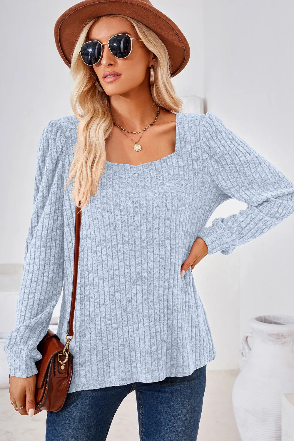Ribbed Square Neck Long Sleeve T-Shirt – Trendsi | ClozArt