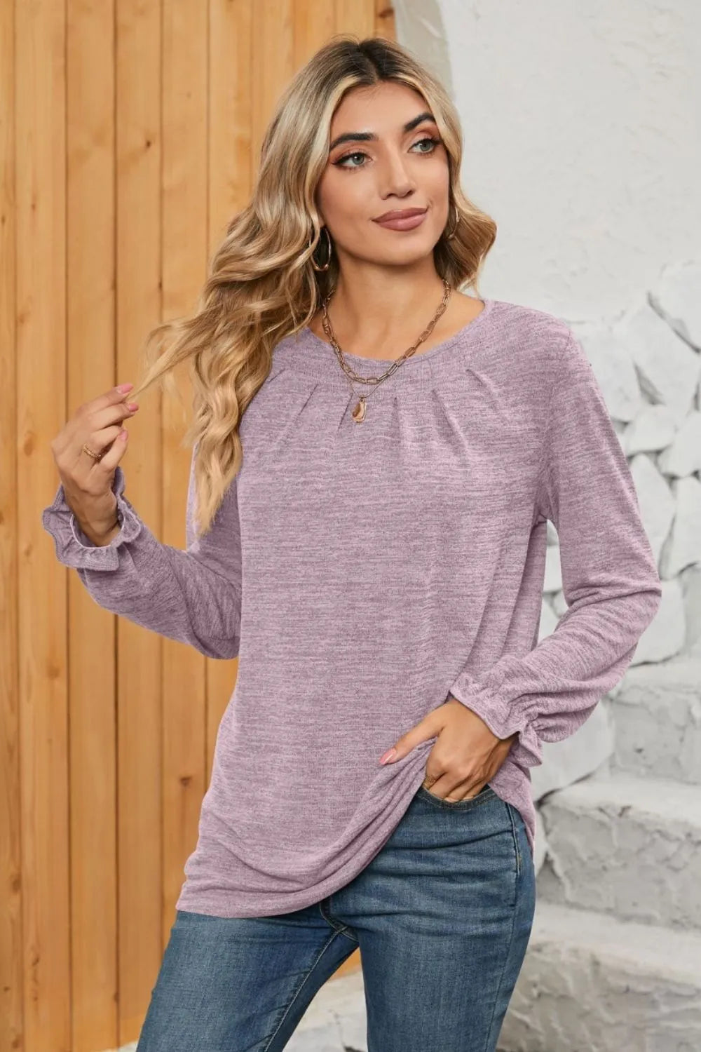 Ruched Round Neck Flounce Sleeve T-Shirt – Trendsi | ClozArt