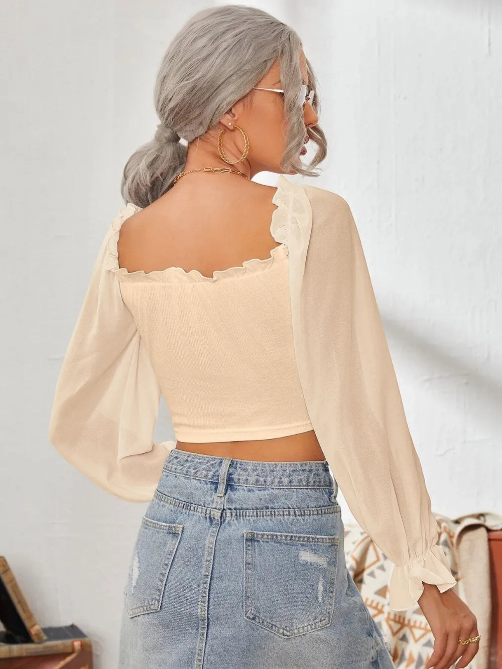 Mesh Sweetheart Neck Flounce Sleeve Top – Trendsi | ClozArt
