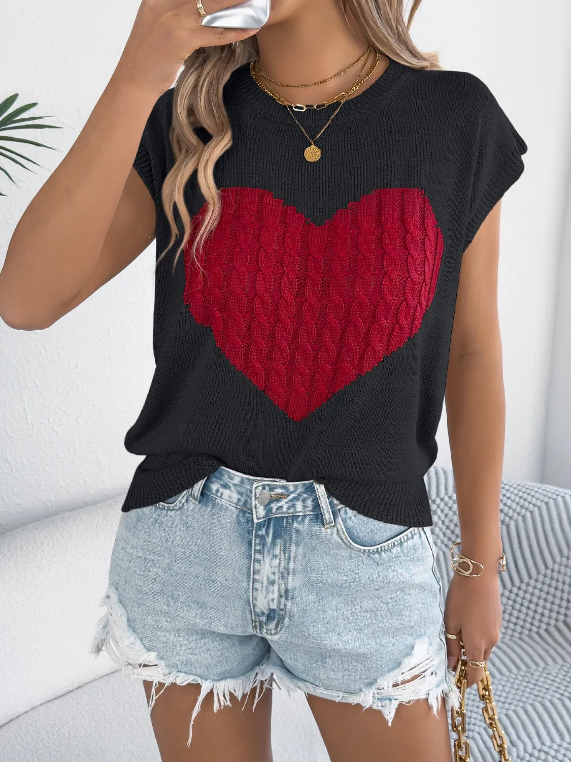 Cable Knit Heart Round Neck Cap Sleeve Knit Top – Trendsi | ClozArt