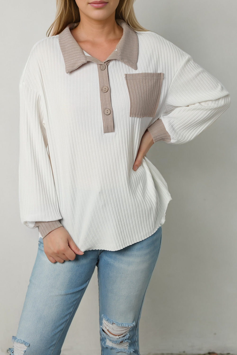 Contrast Collared Neck Top – Trendsi | ClozArt