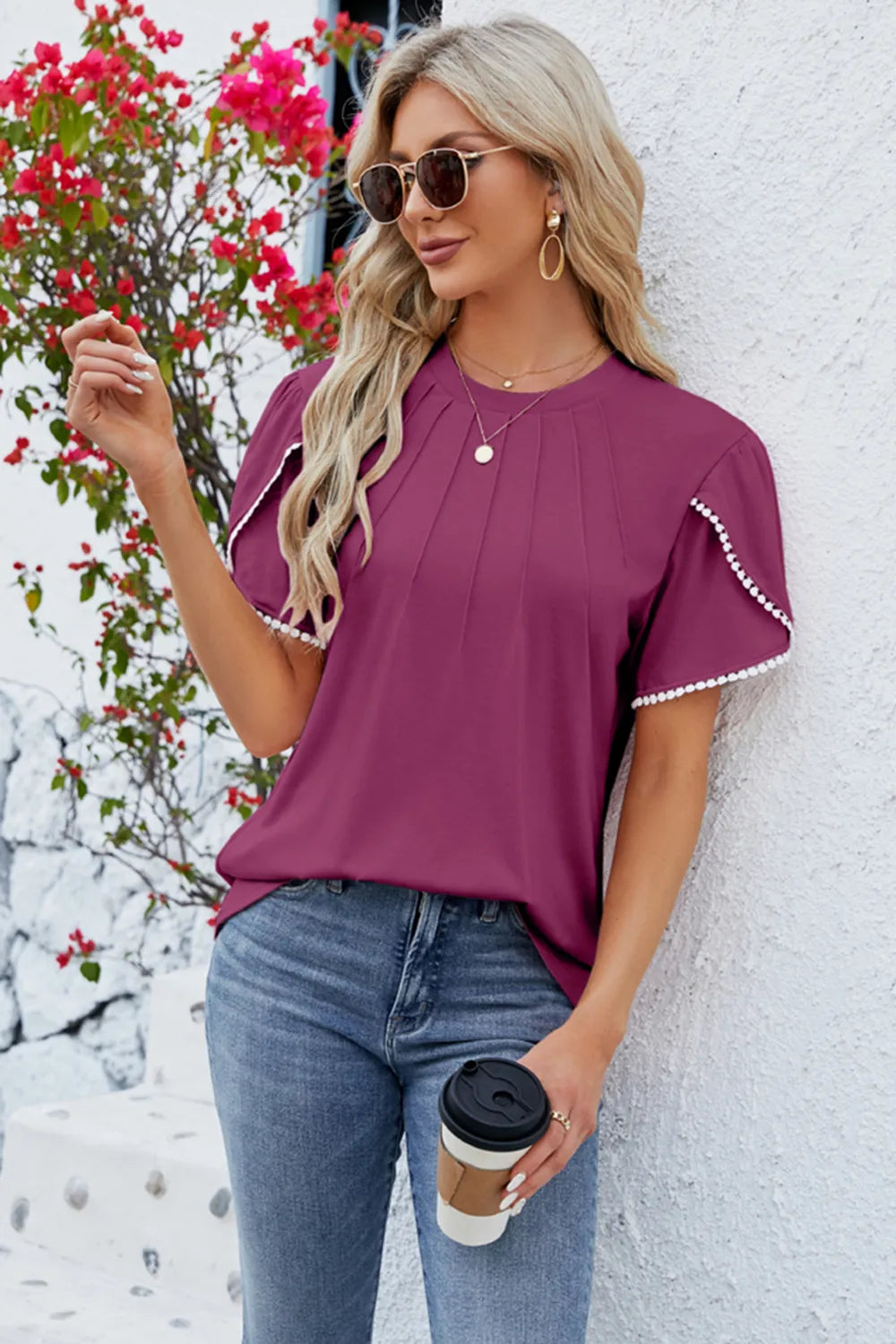 Round Neck Petal Sleeve T-Shirt – Trendsi | ClozArt