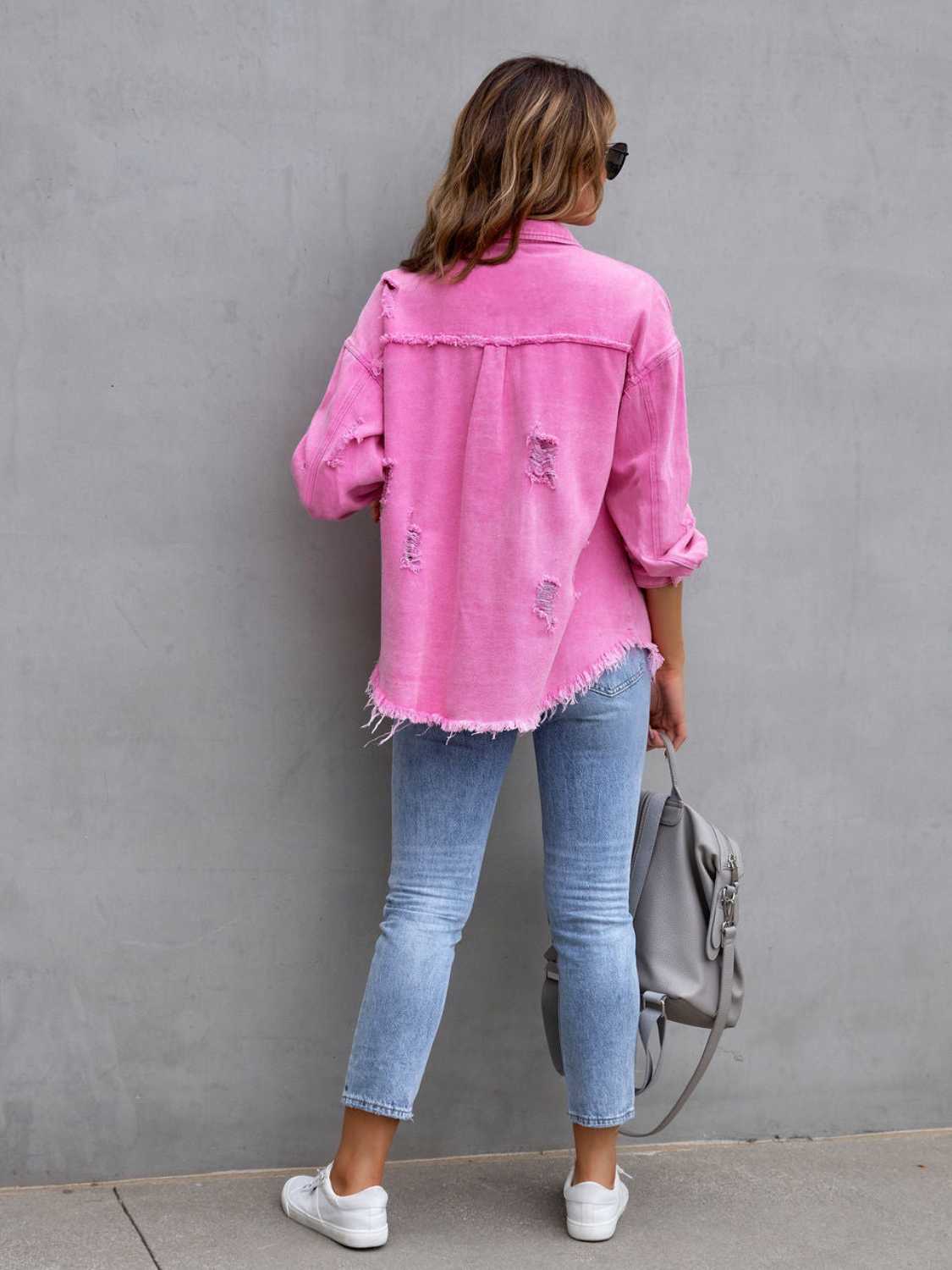 Distressed Drop Shoulder Denim Jacket – Trendsi | ClozArt