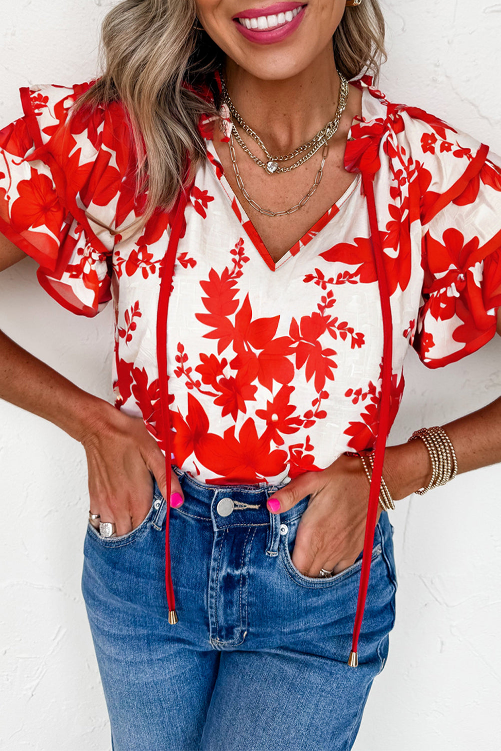 Red Plant Print Tiered Ruffle Sleeve Blouse – Shewin | ClozArt