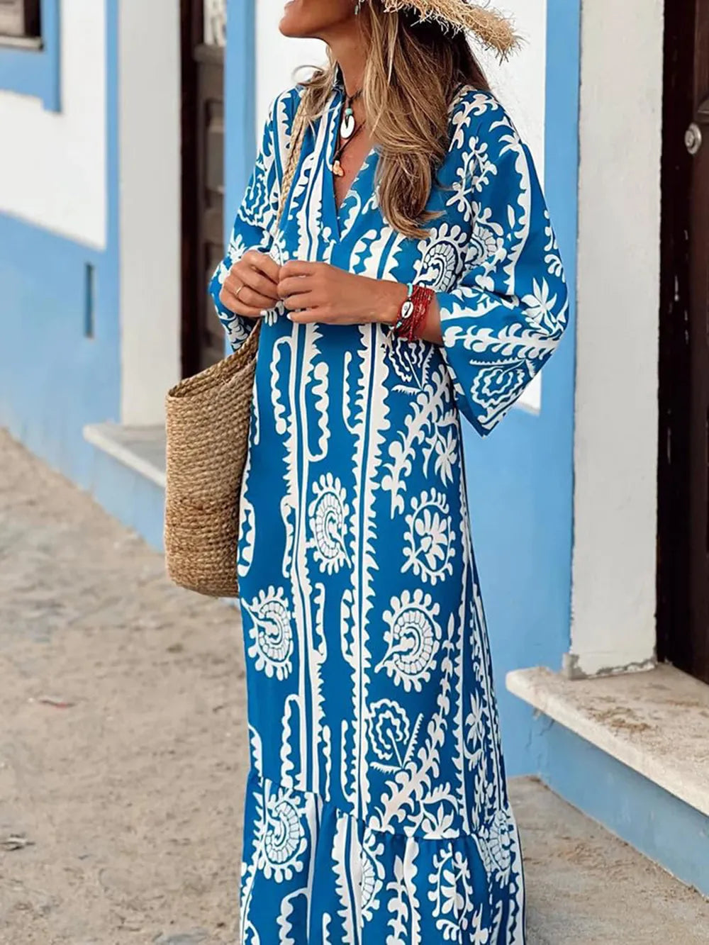 Printed Notched Half Sleeve Maxi Dress – Trendsi | ClozArt