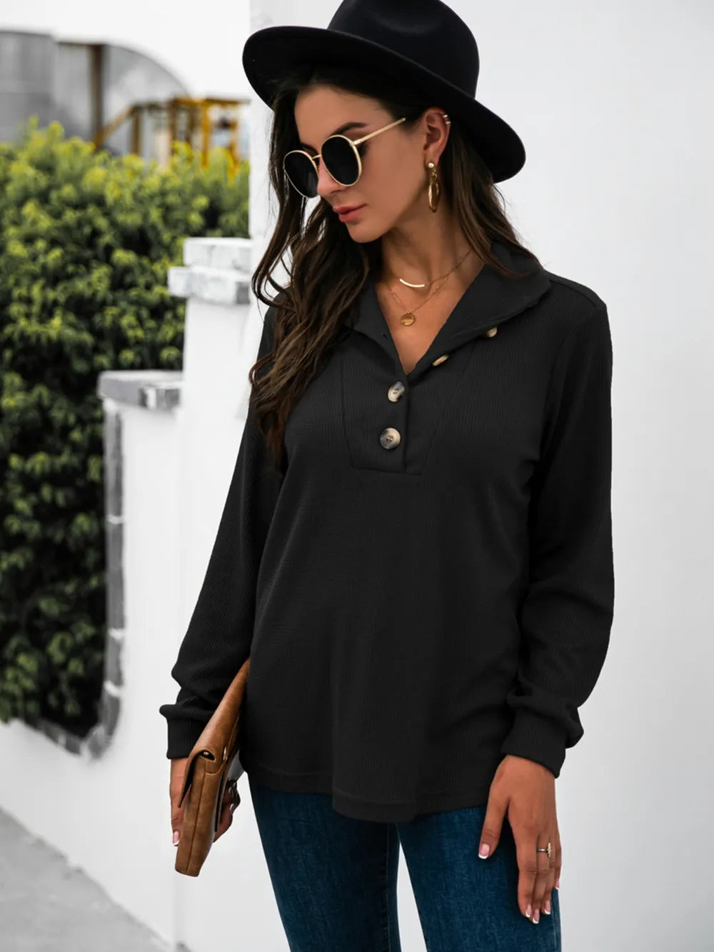 Half Button Long Sleeve T-Shirt – Trendsi | ClozArt