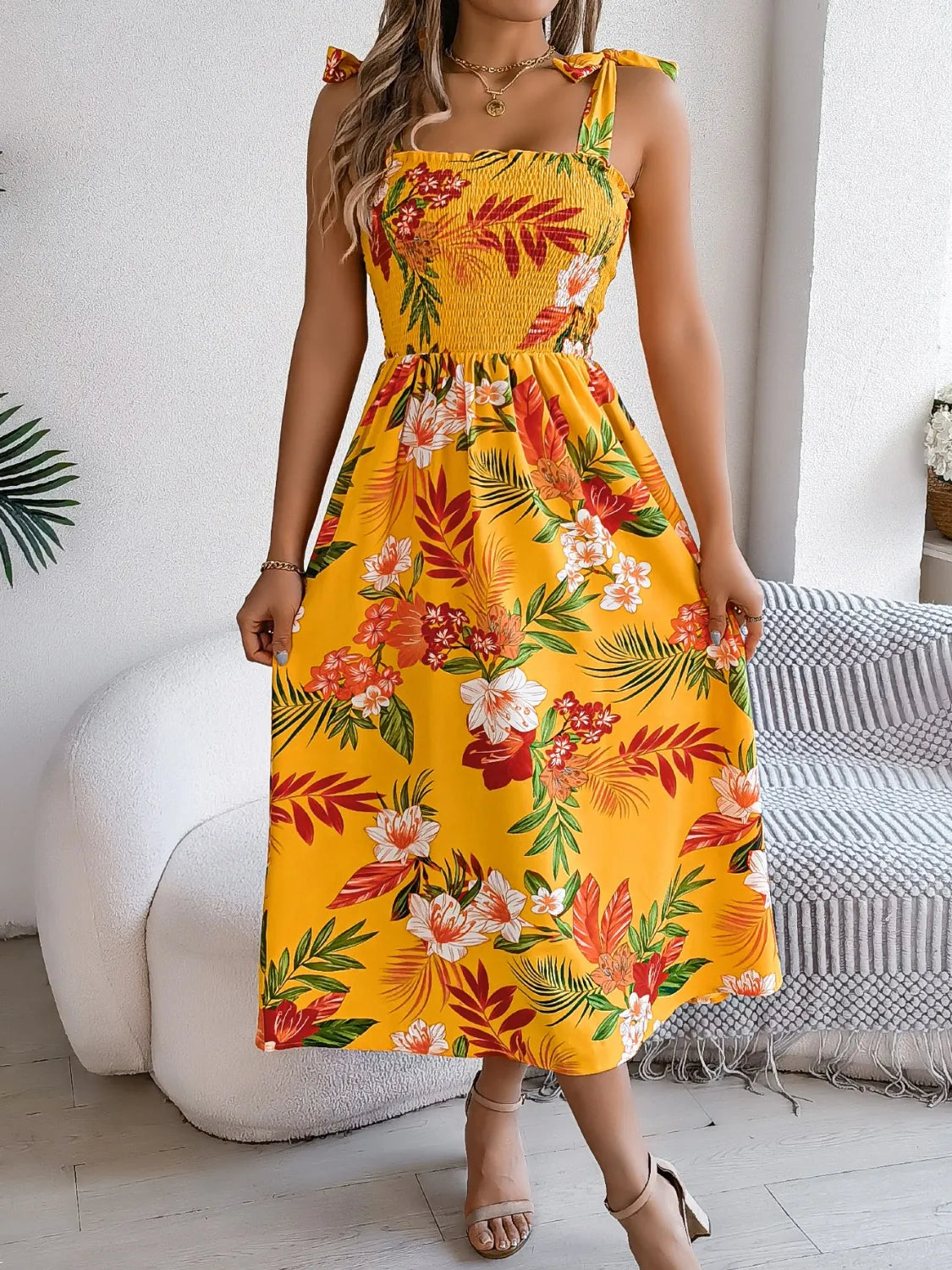 Smocked Floral Tie Shoulder Midi Dress – Trendsi | ClozArt