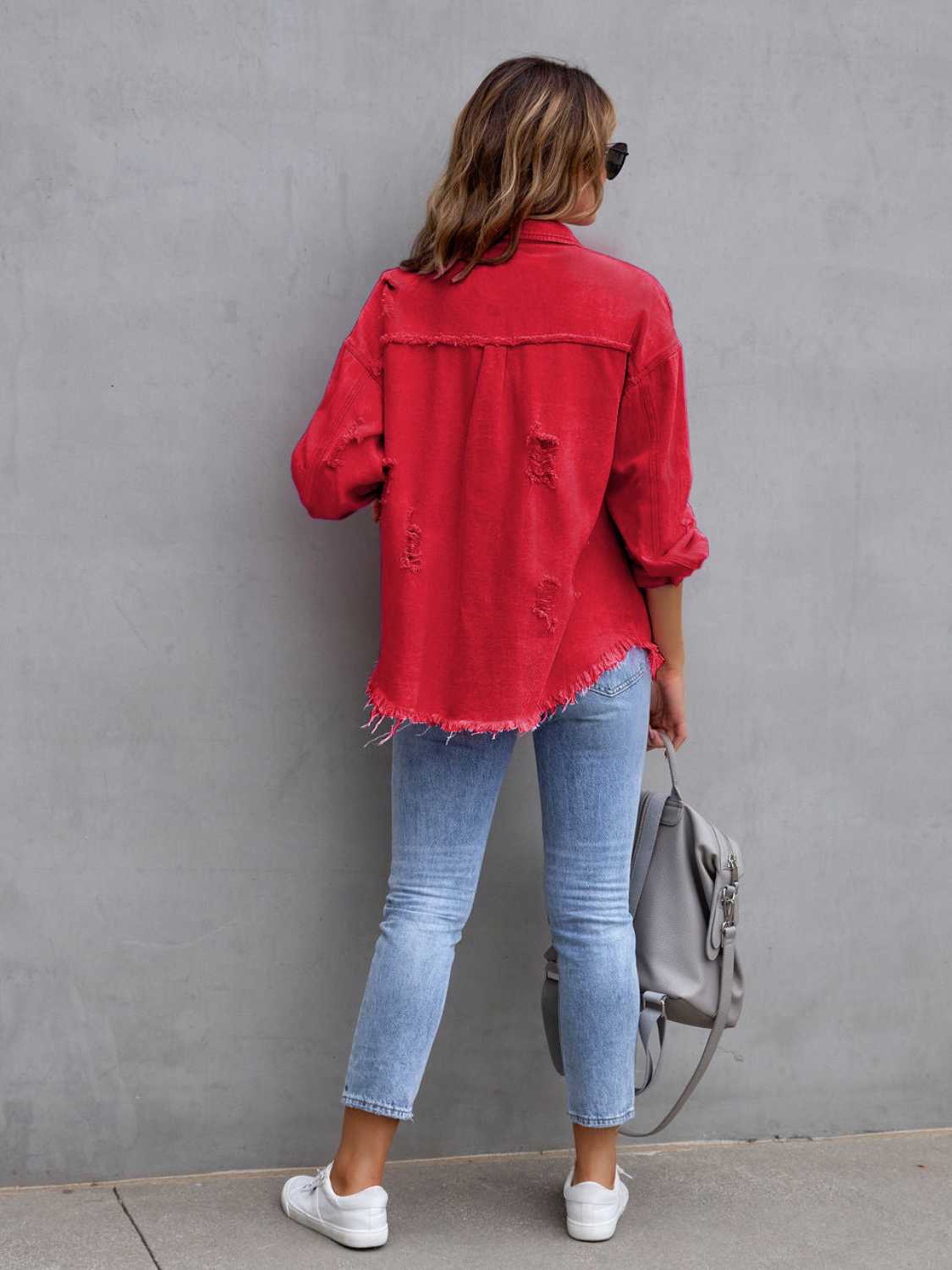 Distressed Drop Shoulder Denim Jacket – Trendsi | ClozArt