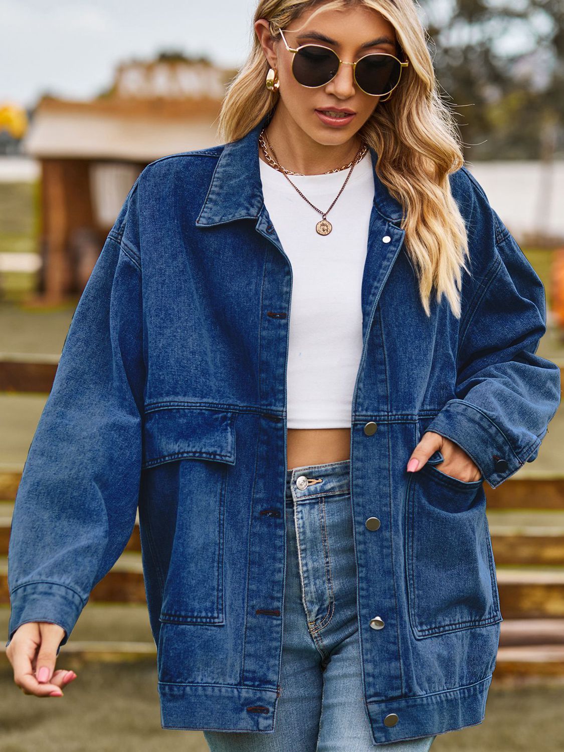Dropped Shoulder Denim Jacket with Pockets – Trendsi | ClozArt