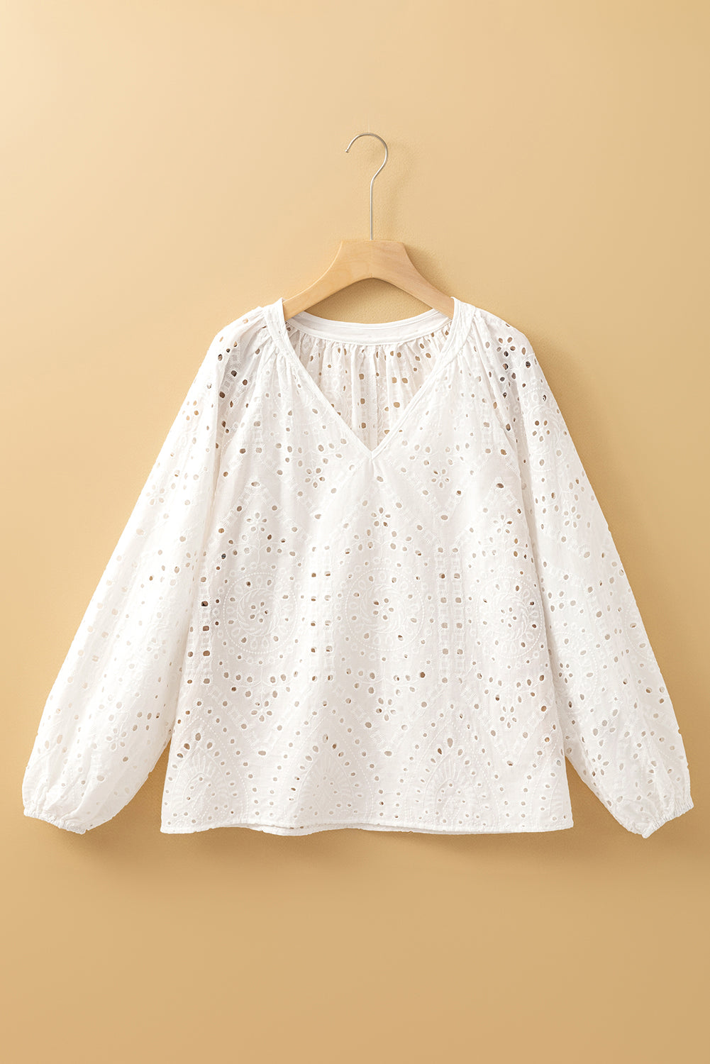 White Eyelet Embroidered Puff Sleeve V Neck Blouse – Shewin | ClozArt