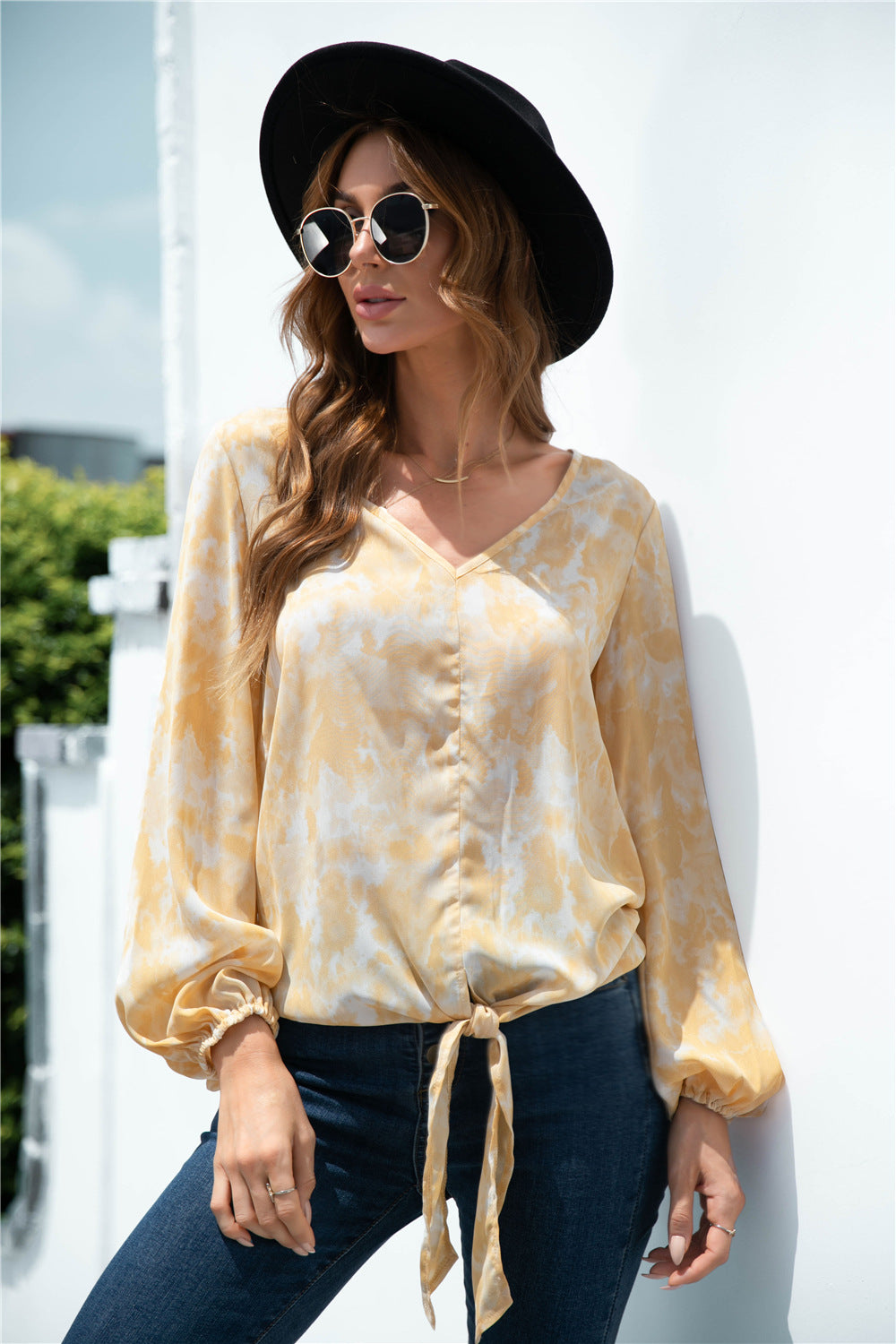 Tie-Dye Tied Balloon Sleeve Blouse – Trendsi | ClozArt
